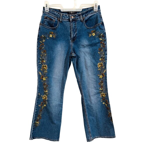 L.E.I Embroidered Floral Womens Jeans 14.5 Cotton/Spandex Blue Denim Stretch - Picture 1 of 3